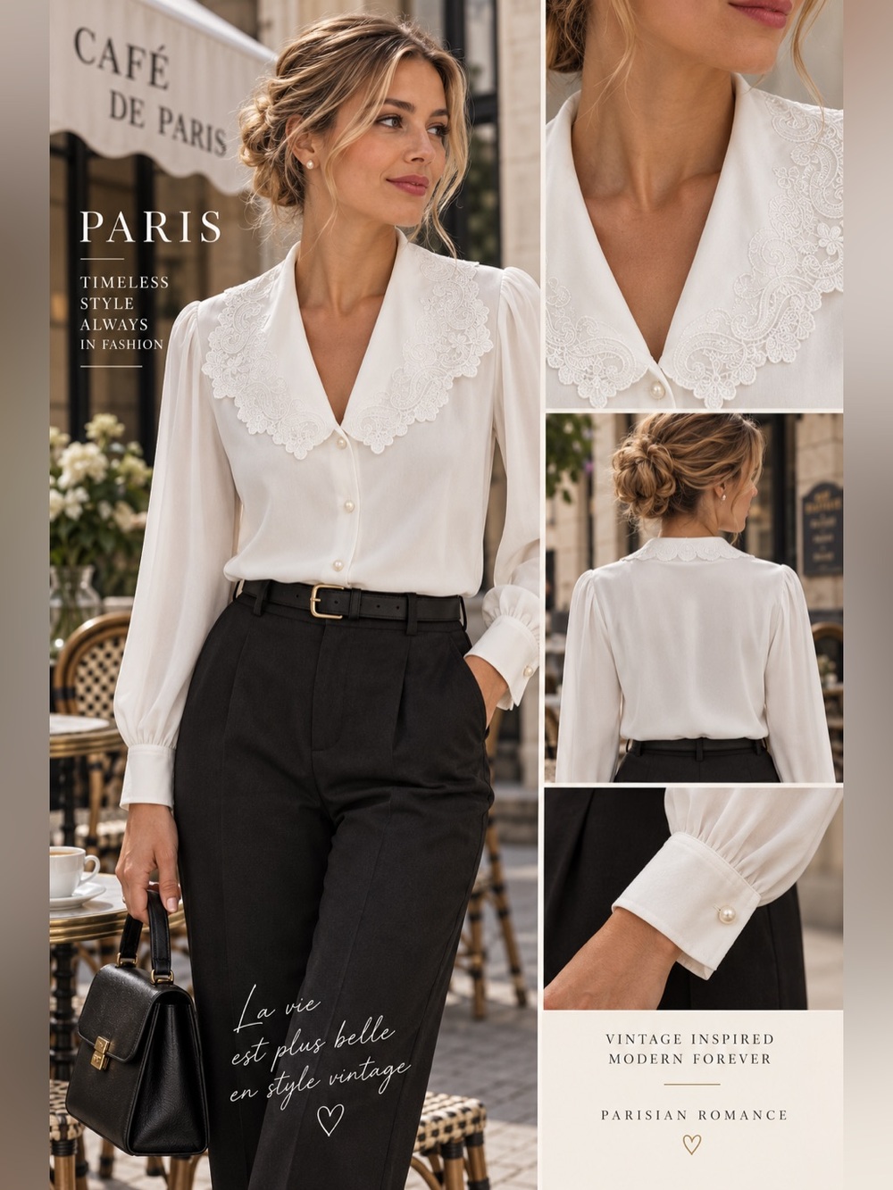 Vintage Parisian Lace-Collar White Blouse - Timeless Women's Top